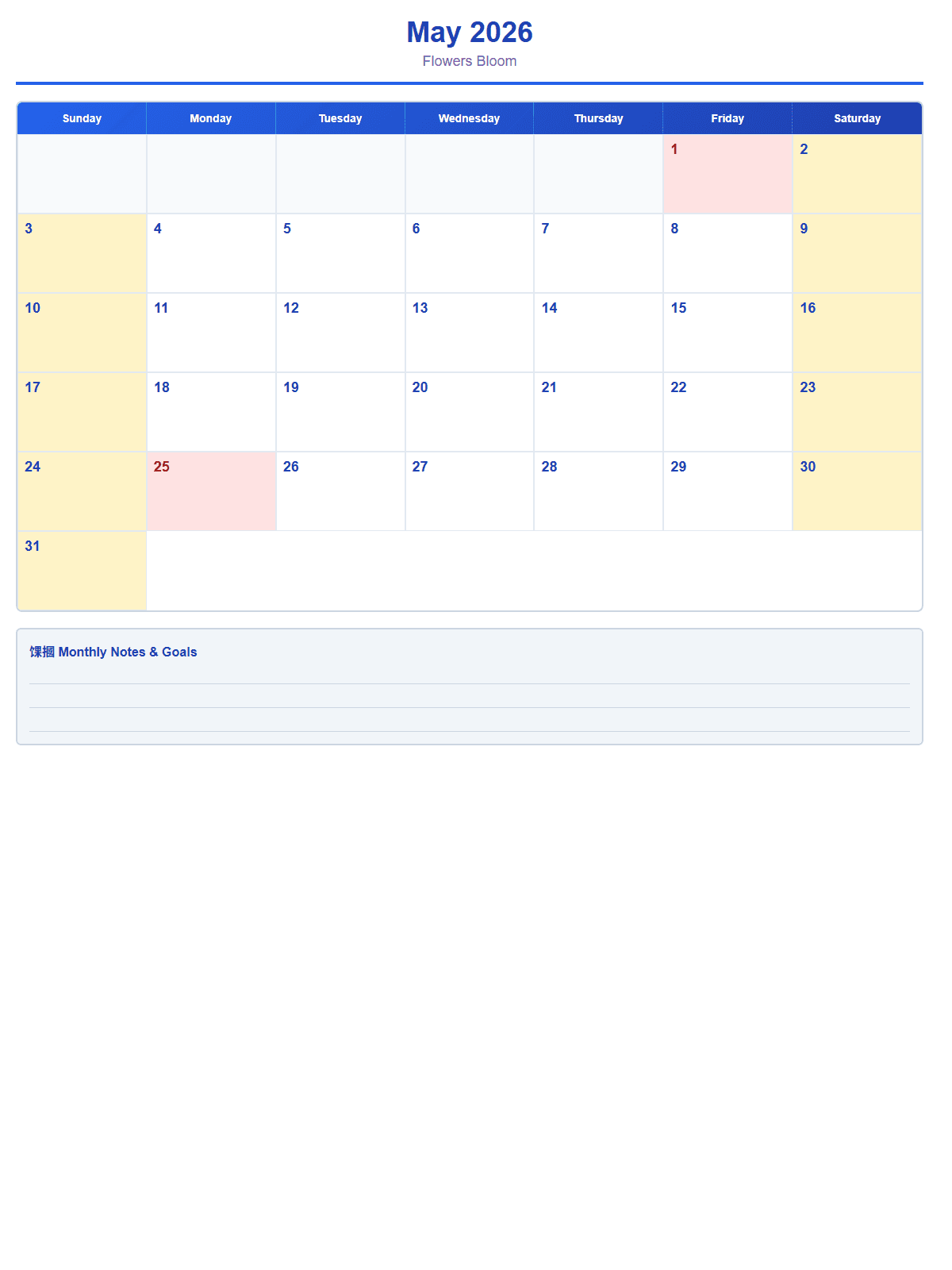 2026 Monthly Calendar (12 Pages) - Page 5