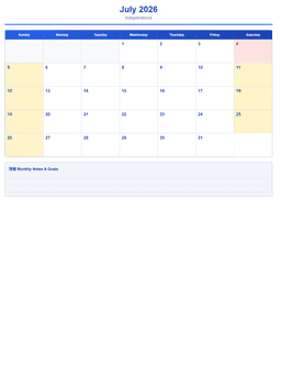 2026 Monthly Calendar (12 Pages) - Page 7