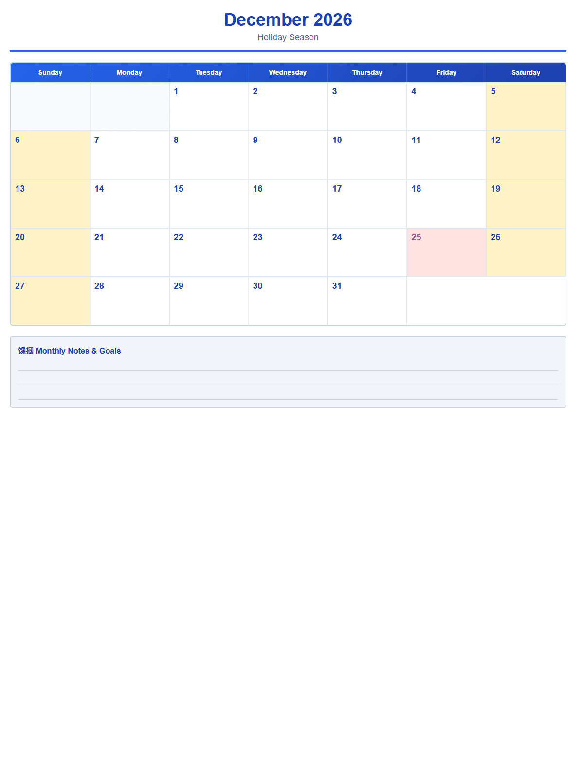 2026 Monthly Calendar (12 Pages) - Page 12
