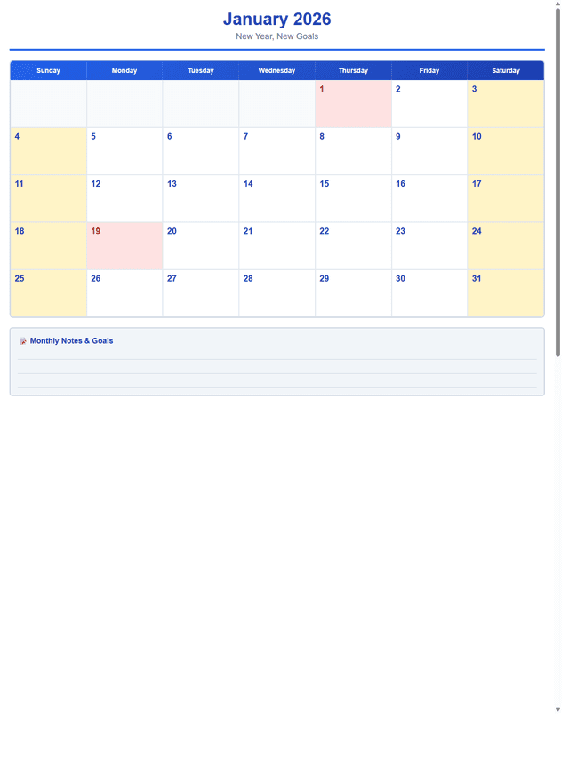 2026 Monthly Calendar (12 Pages)