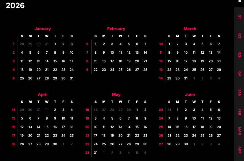 2026 Planner Sunday Start - Dark Theme