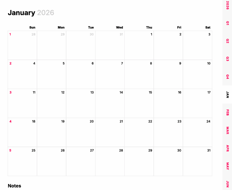 2026 Planner Sunday Start - Light Theme